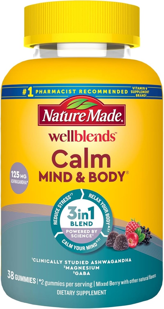 Nature Made Wellblends Calm Mind & Body, Magnesium Citrate, Ashwagandha 125mg &amp; GABA 100mg Blend for Stress Relief, 38 Gummy Vitamins