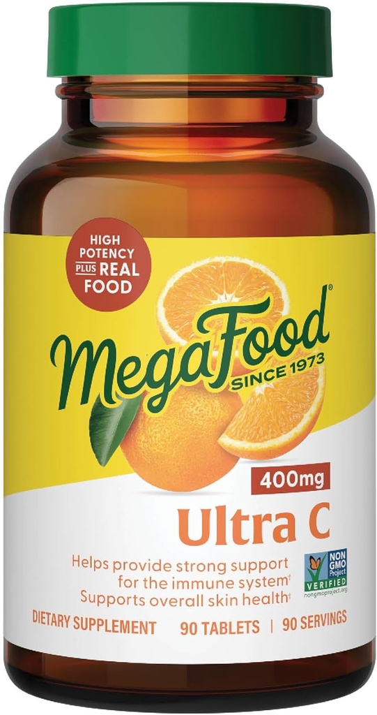 MegaFood Ultra C 400 mg - Suplemento Vegan Immune Support con vitamina C, Hecho con comida real incluyendo brócoli, carrota, arándano &amp; arroz integral, libre de gluten, Kosher - 90 tabletas, 90 piezas
