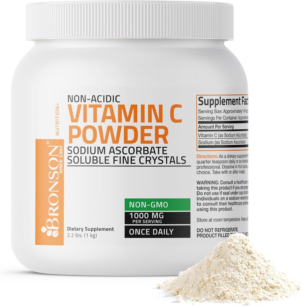Bronson Non Acidic Vitamin C Powder Sodium Ascorbate Non GMO Soluble Fine Crystals - Healthy Immune System, Antioxidant and Cell Protection, 1 Kilogram (2.2 libras, 35.3 onzas)