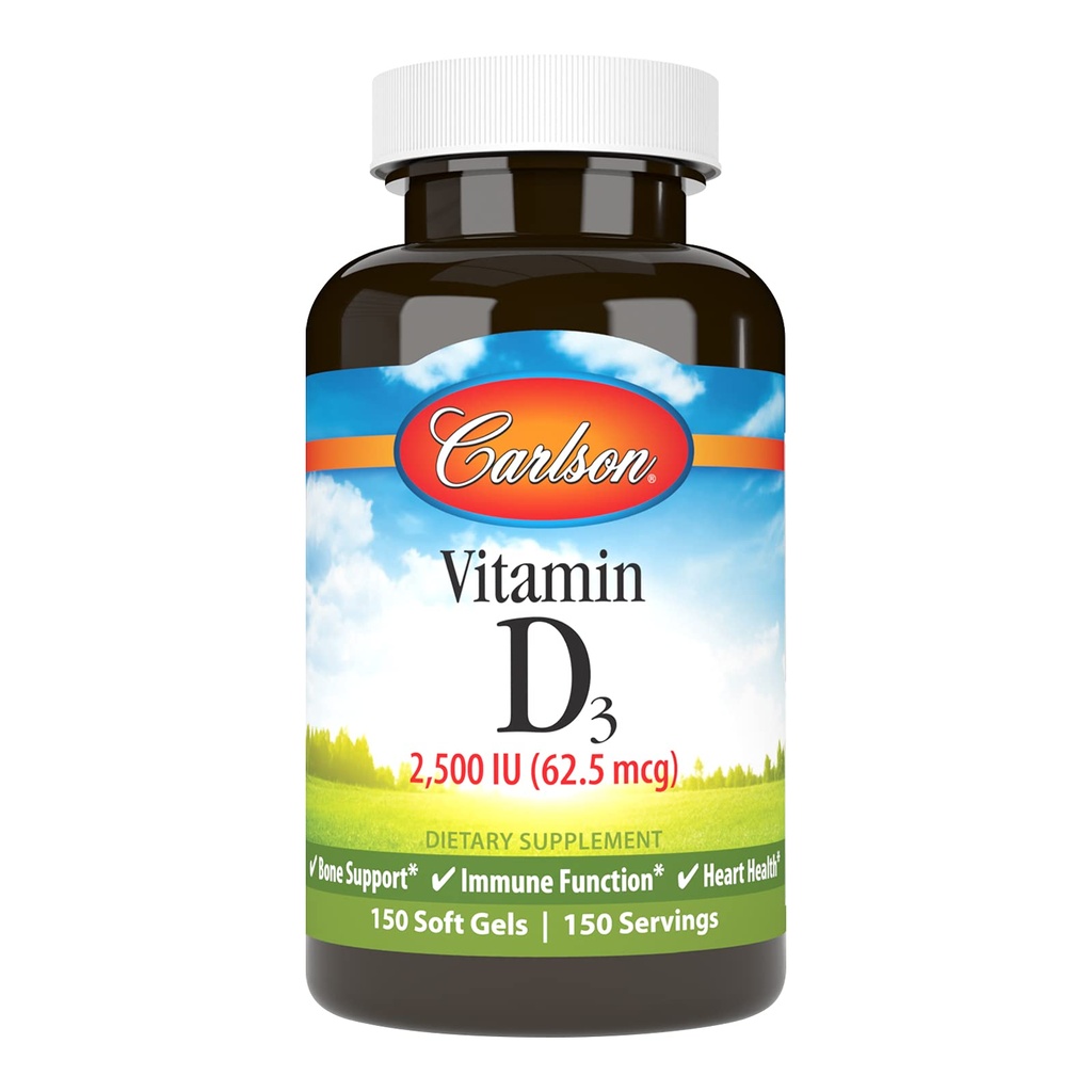 Carlson - Vitamin D3, 2500 IU (62.5 mcg), Immune Support, Bone Health, Muscle Health, Cholecalciferol, Vitamin D Supplements, Vitamin D3 Soft Gels, 150 Softgels