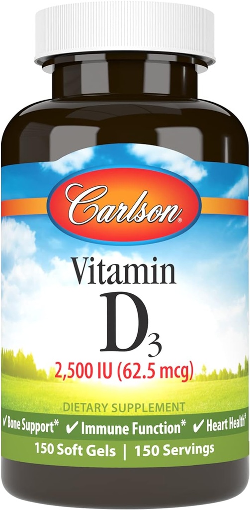 Carlson - Vitamina D3, 2500 UI (62,5 mcg), Immune Support, Bone Health, Muscle Health, Cholecalciferol, Vitamina D Suplementos, Vitamina D3 Soft Gels, 150 Softgels