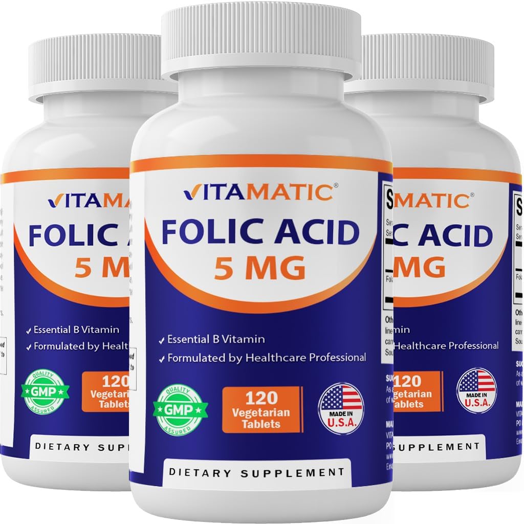 Vitamatic Folic Acid 5mg (5000 mcg) – 120 Tabletas Vegetarianas por Botella – Vitamina B9 (Folate) – 3-Pack tención Total 360 Tablets