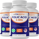 Vitamatic Folic Acid 5mg (5000 mcg) – 120 Tabletas Vegetarianas por Botella – Vitamina B9 (Folate) – 3-Pack tención Total 360 Tablets