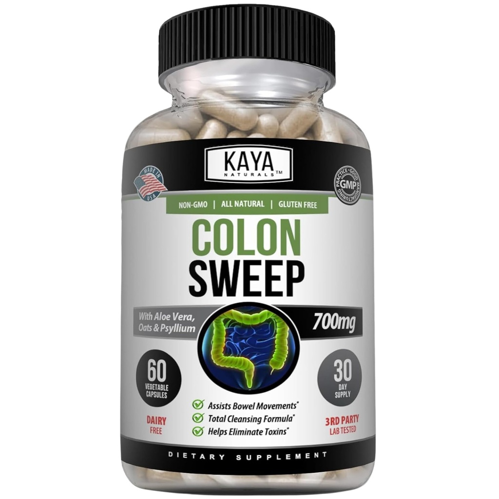 Kaya Naturals Colon Sweep ← Colon Cleanser 30-Day Fast-Acting with Herbs & Probiotics, Supports Healthy Bowel Movements, Cleansing Formula with Fiber, Non-GMO - 60 cápsulas
