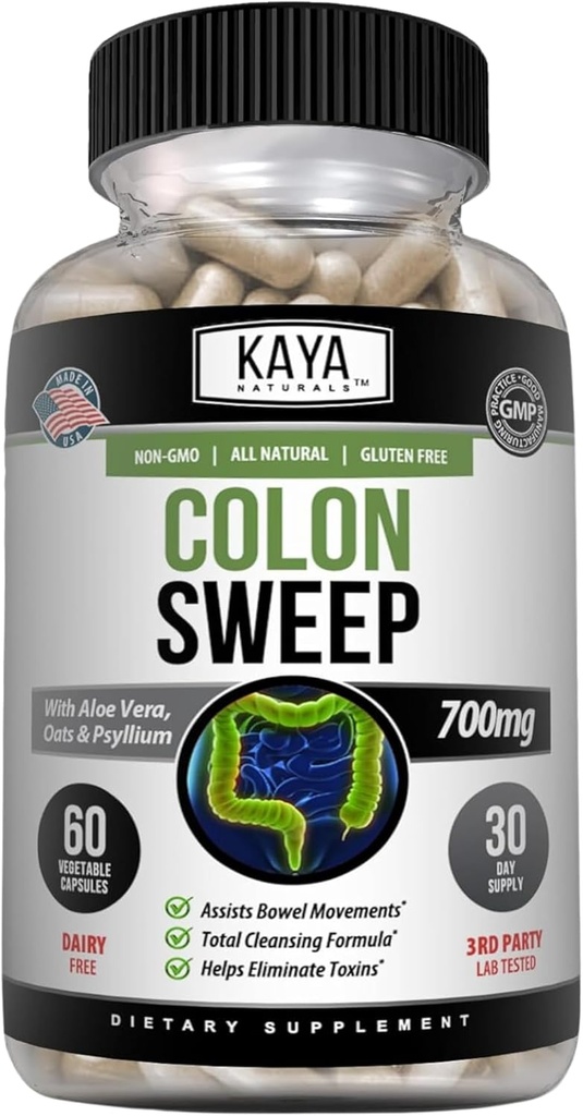 Kaya Naturals Colon Sweep ← Colon Cleanser 30-Day Fast-Acting with Herbs & Probiotics, Supports Healthy Bowel Movements, Cleansing Formula with Fiber, Non-GMO - 60 cápsulas