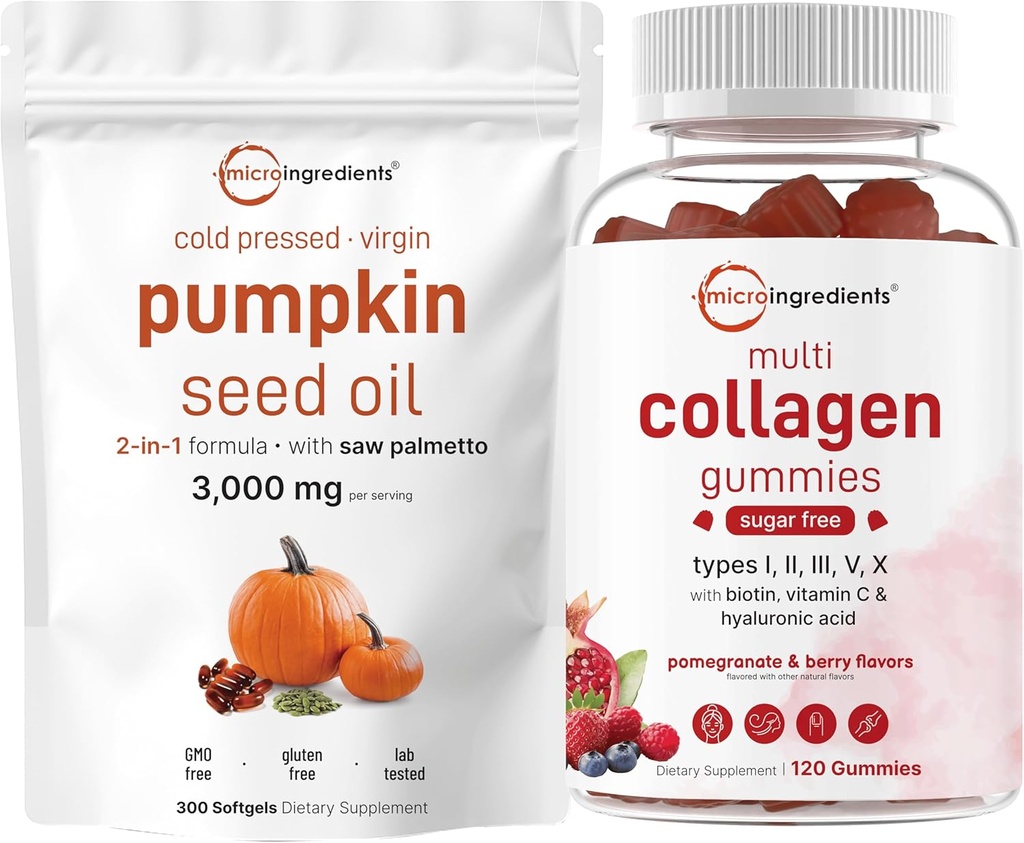 Micro Ingredientes Pumpkin Seed Oil with Saw Palmetto 3000mg Softgels & Multi Collagen Peptide Gummies ← 2 Pack ← Cold Pressed Virgin Oil ← Sugar Free + Biotin, Hyaluronic Acid, &amp; Vitamin C Complex