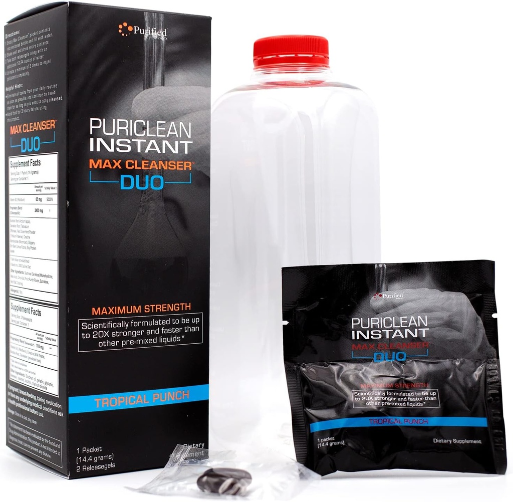 Wellgenix Puriclean Instant Max Cleanser Duo, 20X Stronger Fast Acting Powder & Softgels, Tropical Punch Flavor, Premium Herbal Cleanse Detox, Ideal para Extreme Toxin Levels, 1 Packet &amp; 2 Releasegels