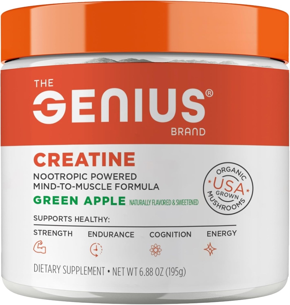 Genius Micronized Creatine Monohydrate Powder, Post Workout Supplement, Green Apple - 100% Naturalmente Flavored & Sweetened - Supports Muscle Building, Cellular Energy & Cognitive Function – 195g