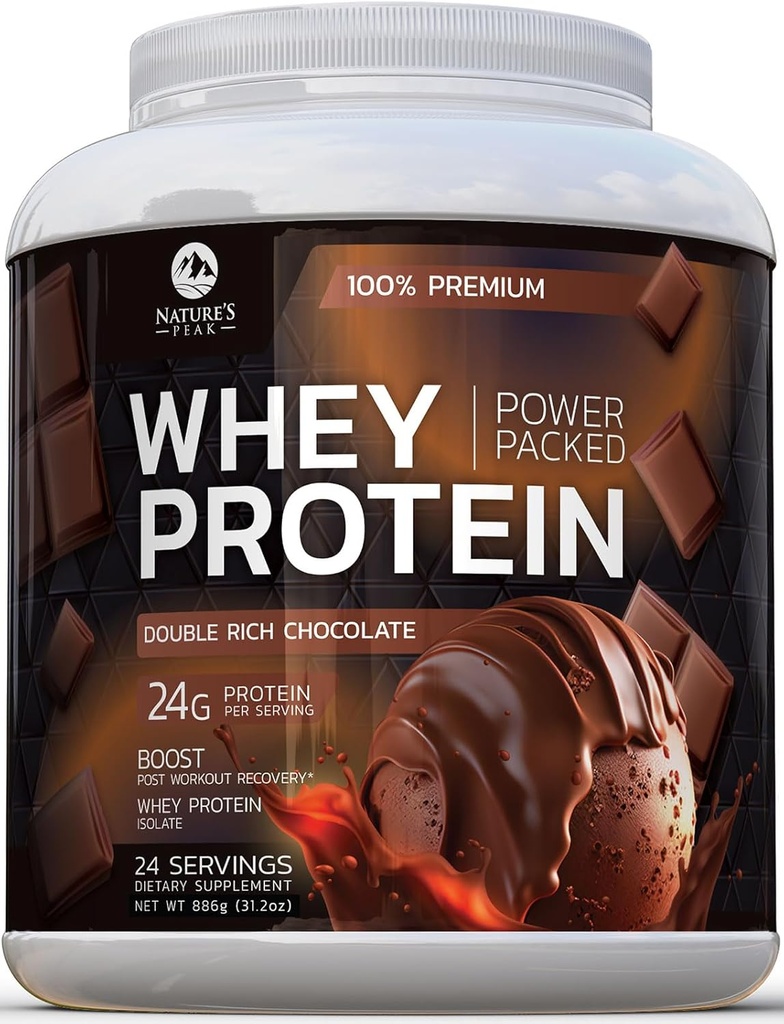 Premium 100% Whey Protein Powder 24g, Chocolate doble rico, Proteína avanzada de aislamiento para la ganancia muscular, recuperación &amp; soporte del sistema inmune, No Añadido Azúcar, Para Shakes & Chocolate Smoothies - 24 Servings