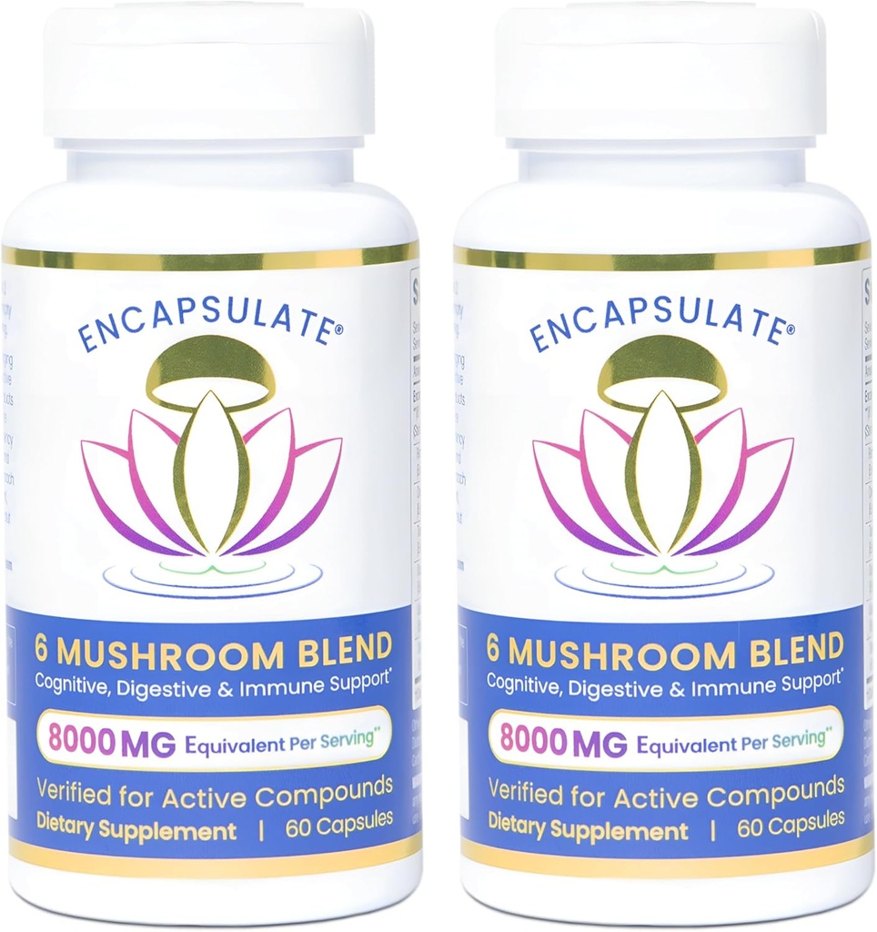 ENCAPSULATE 6 Mushroom Blend – Reishi, Chaga, Turquía Tail, Cordyceps, Lion’s Mane & Shiitake 8:1 Mushroom Extract – Nootropic &amp; Adaptogen Mushroom Supplement for Gut, Brain & Immune Support - 120 Caps