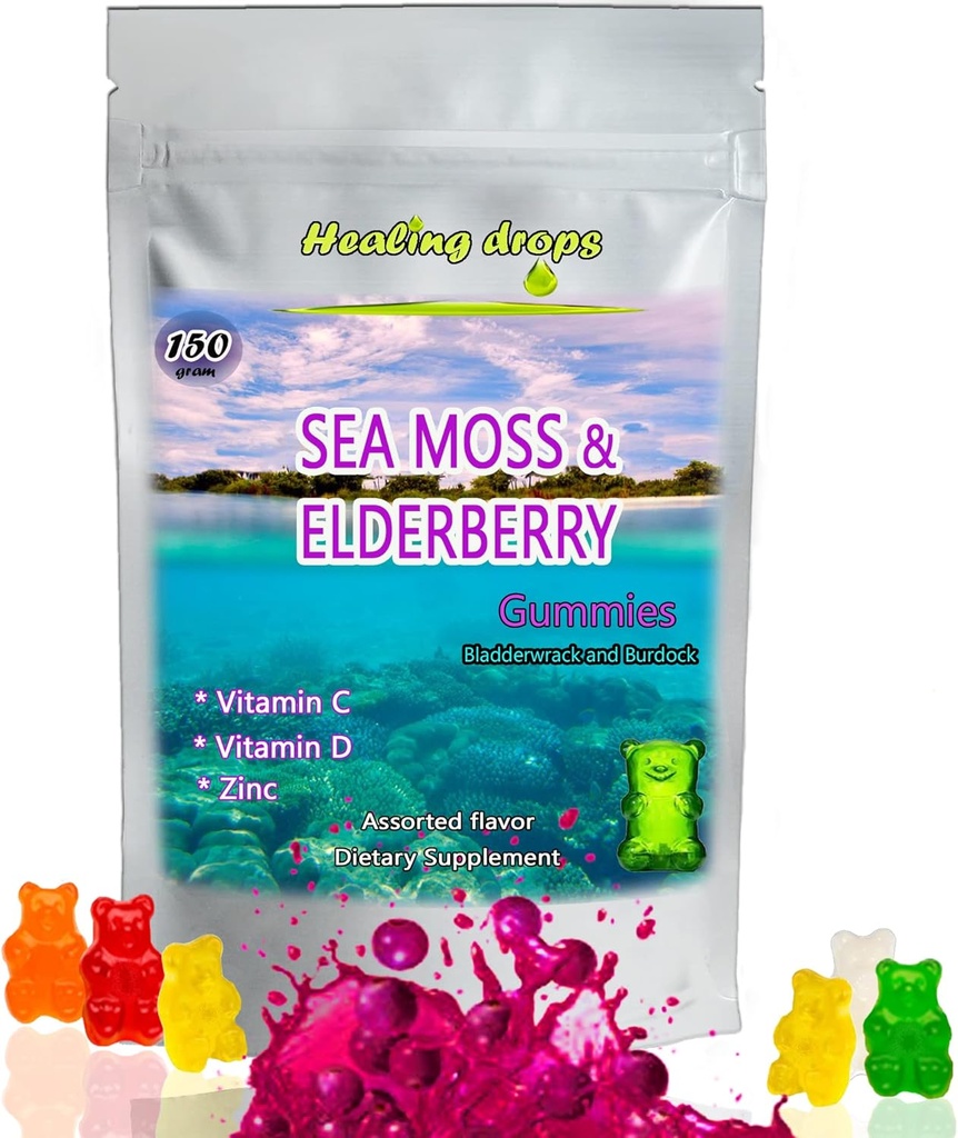 Irlandés Moss Gummies – Raw Organic Wildcrafted Sun-Dried Seamoss Powder Gel - con Fledderwrack Burdock Root – Alkaline Keto Vegan Non-GMO Diet – Skin Detox (Elderberry-Mix)