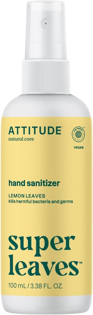ATTITUDE Hand Sanitizer Spray, EWG Verified, Kills Germs & Bacteria, Vegan & Plant-Based, Safe for Adults & Kids, Lemon Leaves Scent, 3.38 Fl Oz (Spray Bottle)