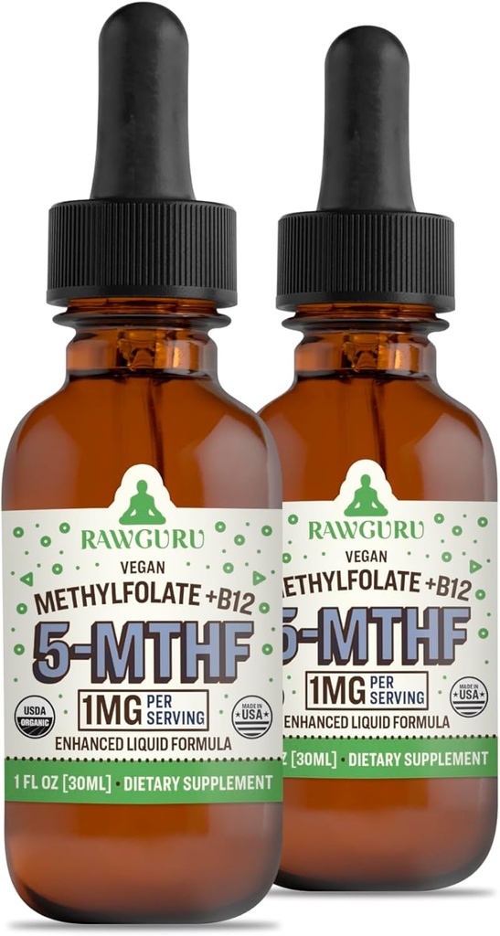 RawGuru Methylfolate 1mg+ Vitamina B12 - Organic Vegan Methylated B12 with Trace Minerals - Nano-Procesado &amp; Enhanced Liquid Formula - 300 Servimientos de gotas Vegan por 30 ml, Pack de 2