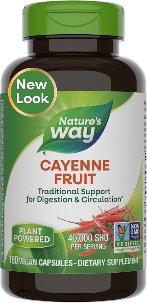Nature's Way Cayenne Pepper Capsules, Traditional Digestion & Circulation Support*, Capsaicin, Non-GMO Project Verified, Gluten Free, 180 Vegan Capsules (Packaging May Vary)