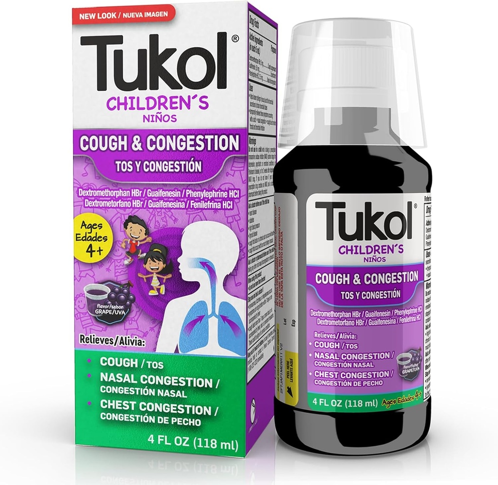TUKOL Children's Cough Medicine - Cough &amp; Congestion Relief, Chestal Cough Suppressant for Kids, Children's Cold and Cough Medicine, Kids Cough Syrup for Ages 4+ Grape Flavor 4 FL OZ