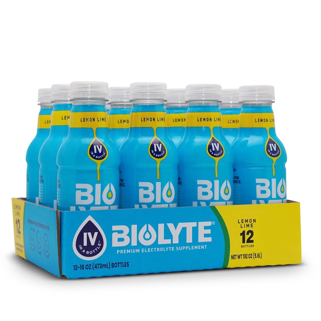 BIOLYTE Electrolyte Drink - Doctor-Formulated Hydration Drink, HSA & FSA Electrolytes Water, Chemotherapy Must Haves for Women & Men, Rehydration IV Liquid in a Bottle - Lemon Lime, 16 Fl Oz (12 Pack)