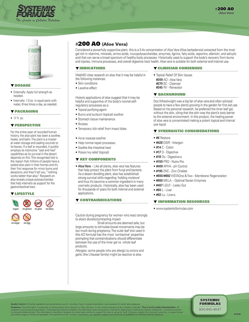 Fórmulas sistémicas AO – Aloe Vera 16 Fl Oz BioExtract #200. Concentración 3-4x de Aloe Vera Extracto de Gel interno Rich. para uso interno y externo.