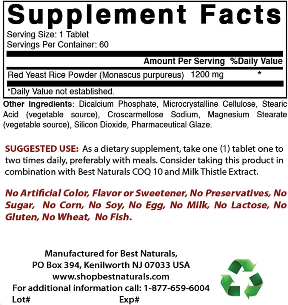 Best Naturals Rice de levadura roja 1200 Mg & Niacin 500 mg