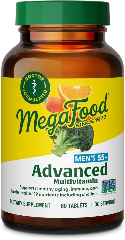 MegaFood Hombres 55+ Advanced Multivitamin for Men - Doctor-Formulated -Choline, Vitamina D, Vitamina B12 – Plus Alimentos Reales – Suplemento de Salud Cerebro para Adultos &amp; Apoyo Inmunitario - 60 Tabs (30 Servimientos)