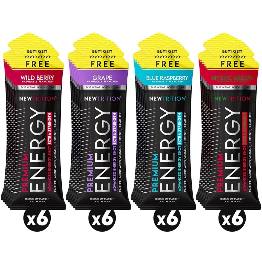 NewTrition® Extra Strength Energy Shots 1.7 fl oz (Pack of 24, 4 Flavors) - 250mg Caffeine with B Vitamins " Amino Acids, Sugar-Free Zero Calorie Vitamin Energy Drink for Focus " Endurance (Mixed-1)
