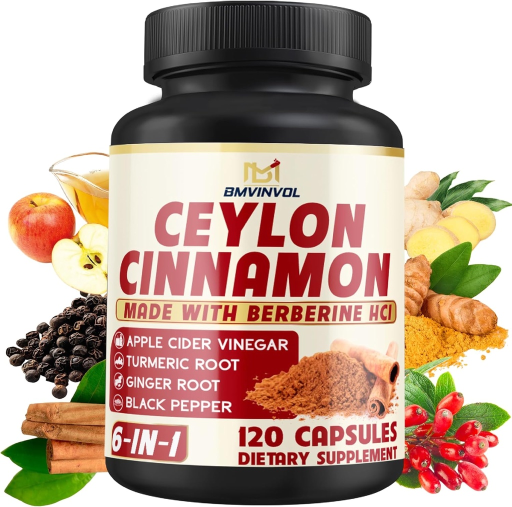 Ceylon Cinnamon Capsules con Berberine HCl, Apple Cider Vinegar, Turmeric, Ginseng, Black Pepper - 6in1 para la función de soporte de inmunológico - 120 Conde