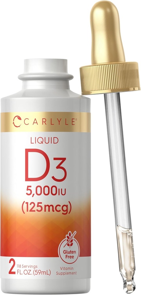 Carlyle Líquido Vitamina D3 TENIDO 5000 UI (125 mcg) TENIDO 2 oz TEN VENTA Vegetariano, No-GMO, y Gluten Suplemento gratuito ANTE Vitamina D Liquid Drops for Adults