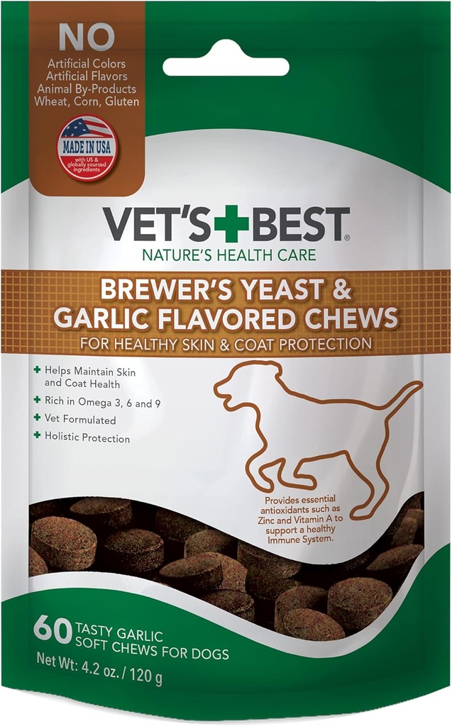 Levadura de la mejor cerveza &amp; Ajo Ajo, Omega 3 para perros saludable piel &amp; protección de la carne para perros, perro Formulado con la dosis recomendada veterinaria, suplementos de ajo, 60 ct