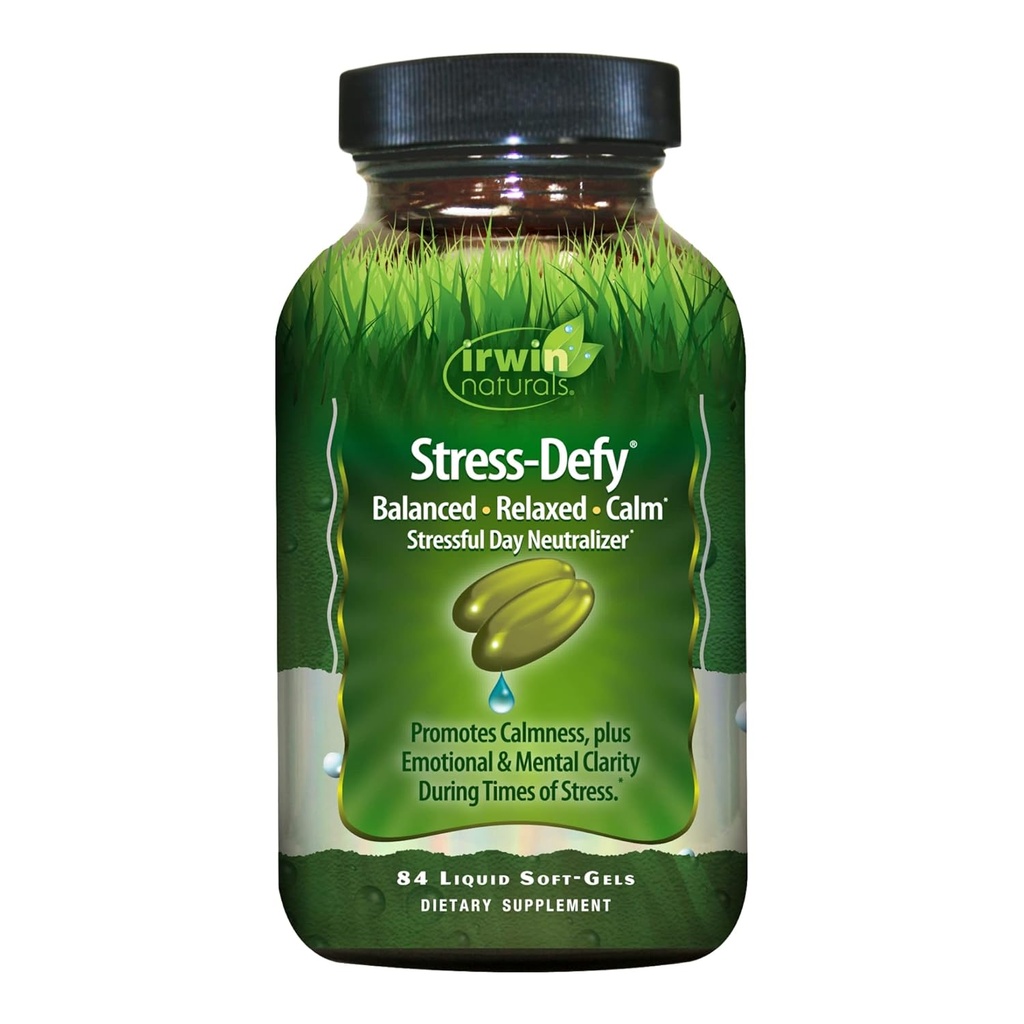 Irwin Naturals Stress-Defy - 84 Liquid Soft-Gels - Promueve la calma y la relajación - con Rhodiola & L-Theanine - 84 Servimientos