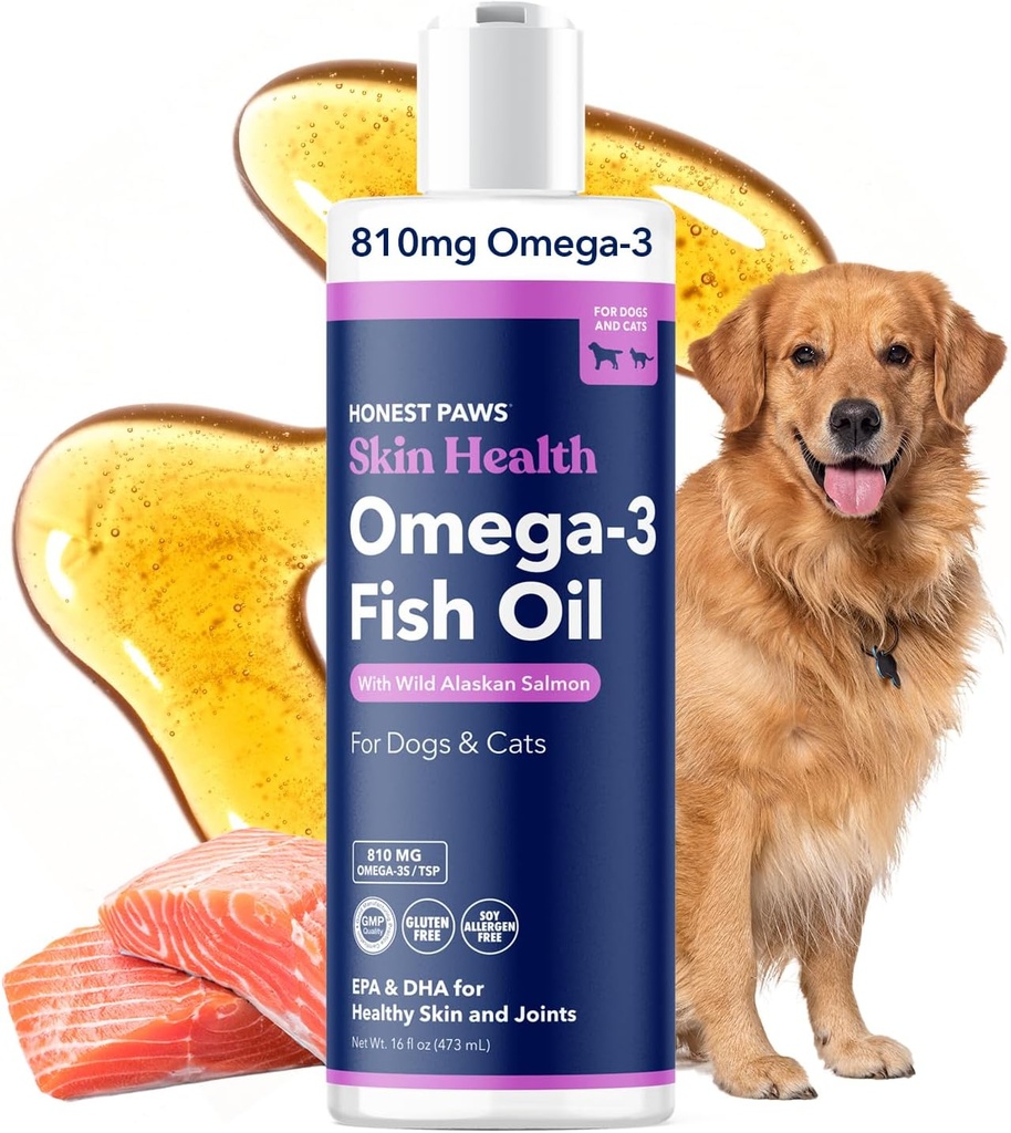 Honest Paws Wild Alaskan Salmon Oil for Dogs & Cats – Omega 3 Fish Oil Supplement for Skin, Coat, Joint & Heart Health – Natural, Sustainably Sourced, 16 oz