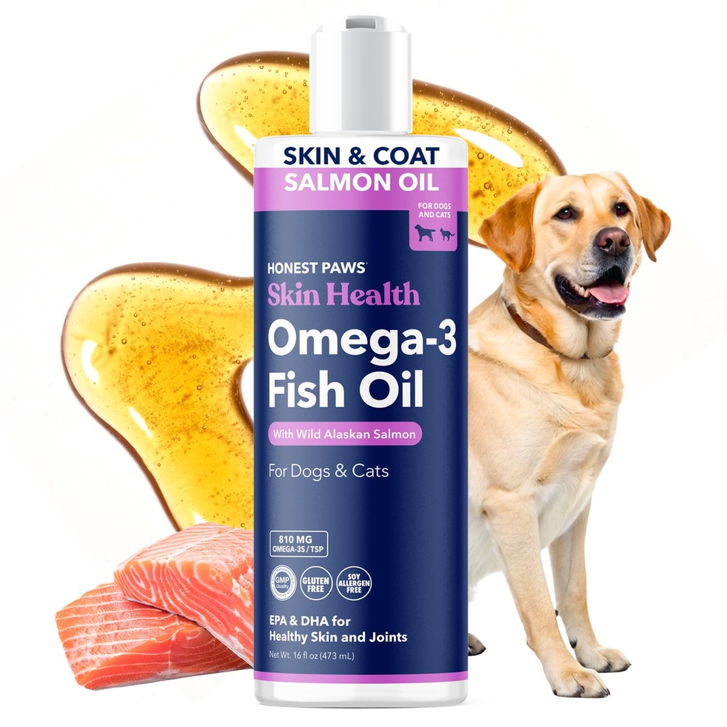 Honest Paws Wild Alaskan Salmon Oil for Dogs & Cats – Omega 3 Fish Oil Supplement for Skin, Coat, Joint & Heart Health – Natural, Sustentably Sourced, 16 oz