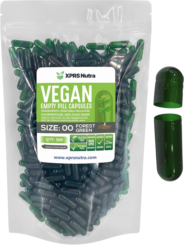 XPRS Nutra Size 00 Empty Capsules - 500 Conteo Empty Vegan Capsules - Vegetarian Empty Pills - DIY Vegetable Capsule Filling- Veggie Pill Caps (Forest Green)