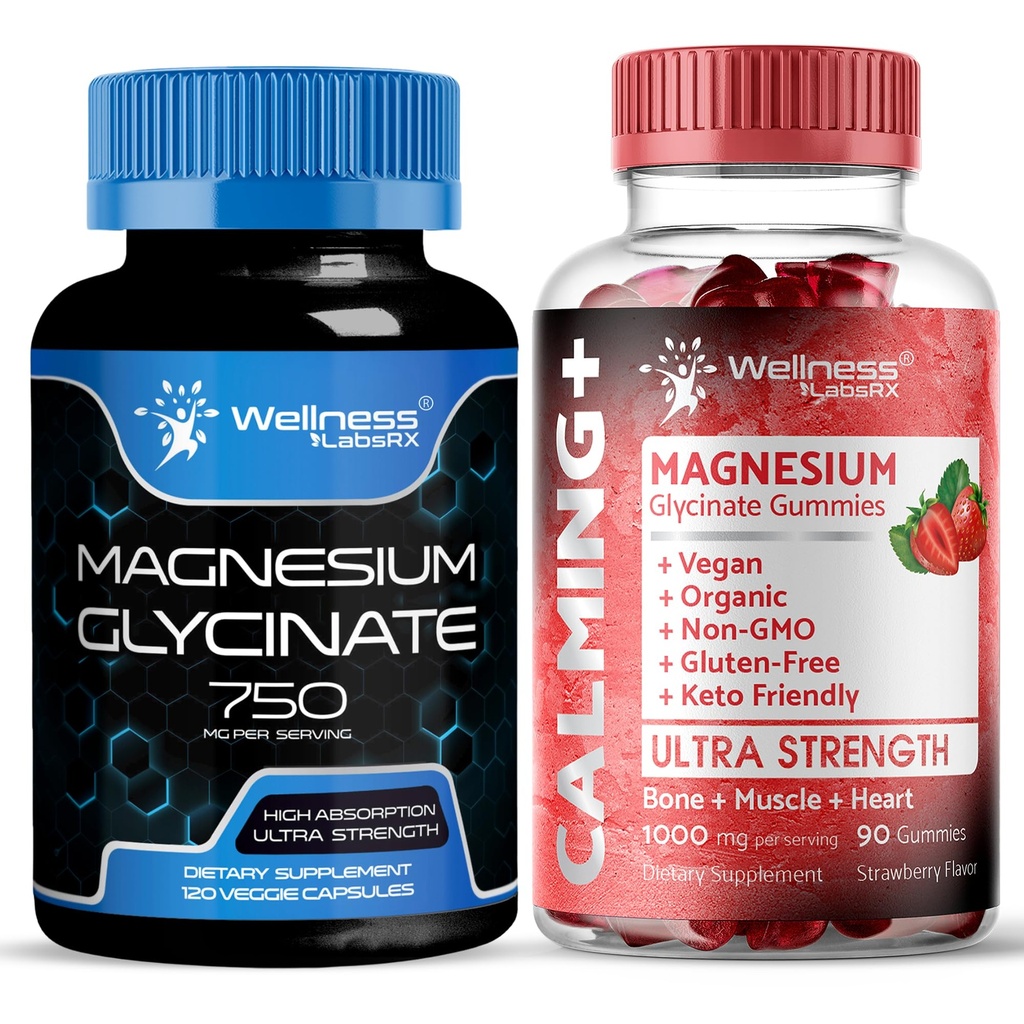 WELLNESS LABSRX Magnesium Glycinate Capsules 750mg - Magnesium Glycinate Gummies 1000mg | Bundle