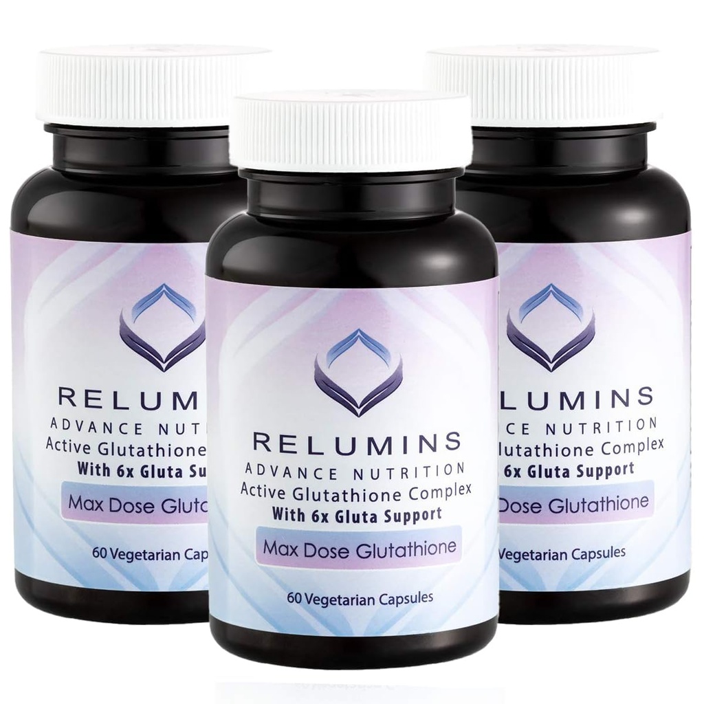 Relumins Advance White Active Glutathione Complex - Max Dose 900mg Glutathione con 6X Boosters, ALA & NAC - Anti-Aging Skin Suplemento - 60 caps x 3 Botellas