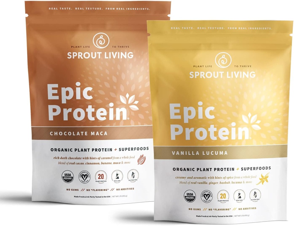 Sprout Living Epic Protein Bundle - Chocolate Maca &amp; Vanilla Lucuma (20g Organic Plant-Based Protein Powder, Vegan, Gluten Free, Superfoods)