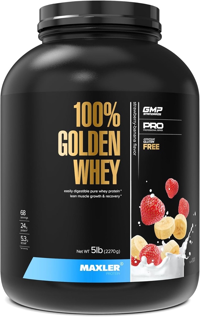Maxler 100% Golden Whey Protein - 24g de Proteína por Serving - Premium Whey Protein Powder para Pre Post Workout - Fast-Absorbing Whey Concentrate, Isolate & Hydrolysate Blend - Strawberry Banana 5 lb