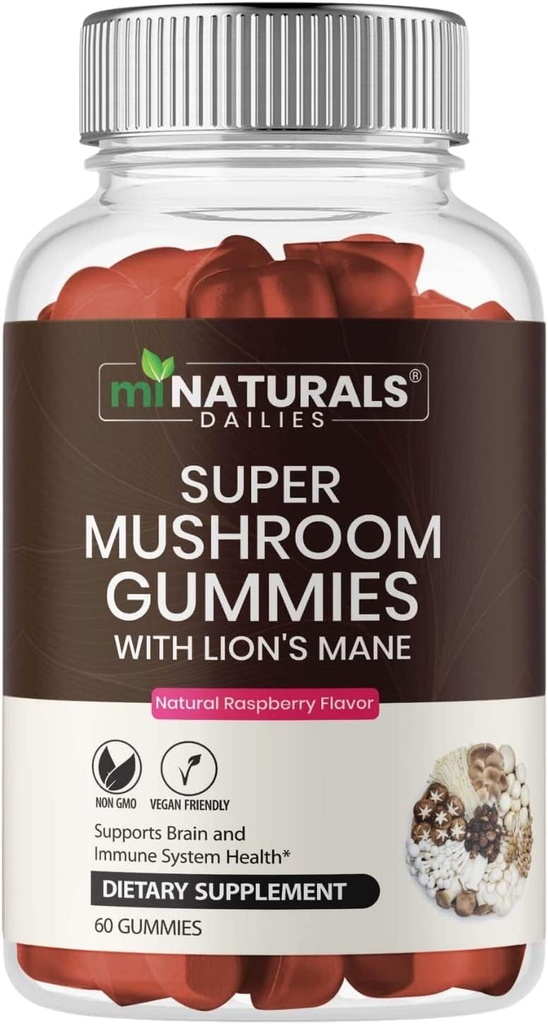 MINATURALS Super Mushroom Gummies for Adults, 10X Mushroom Suplemento w/Lions Mane, apoya la salud del cerebro y el sistema inmunológico, no más píldoras &amp; cápsulas