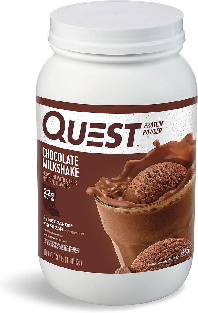Quest Nutrition Chocolate Milkshake Protein Powder, 22g Protein, 1g Sugar, Low Carb, Gluten Free, 3 libras, 43 piezas