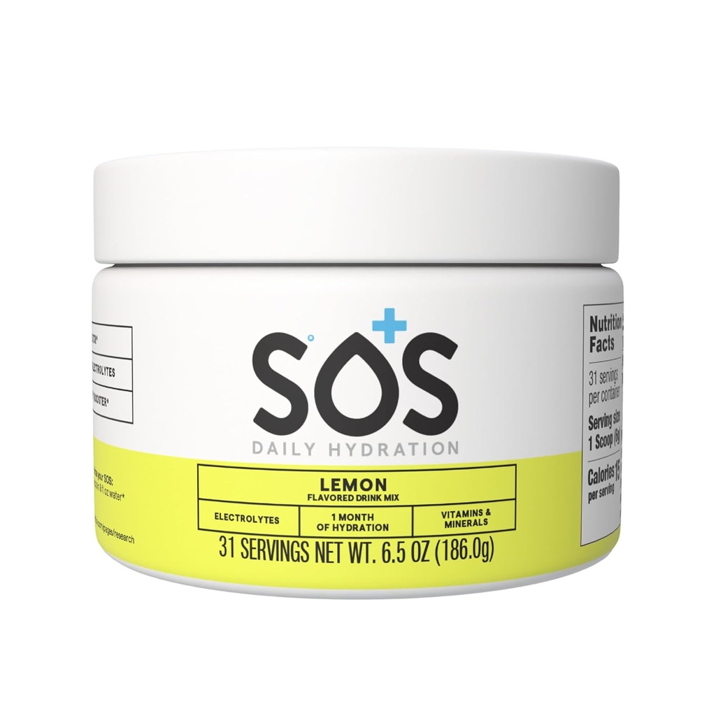 SOS Hydration Electrolyte Powder Drink Mix ← Bulk 31 Servings ← Bajo Azúcar Silencio 15 Calorie Keto-Friendly " Rapid Rehydration Previous Lemon Flavor