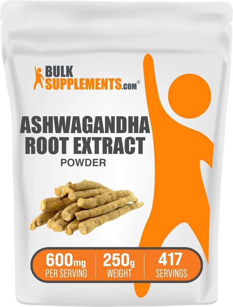 BulkSupplements.com Aswagandha Root Extract Powder - Ashwagandha Supplement, Herbal Supplement - Vegan & Gluten Free, 600mg per Serving, 250g (8.8 oz) (Pack of 1)