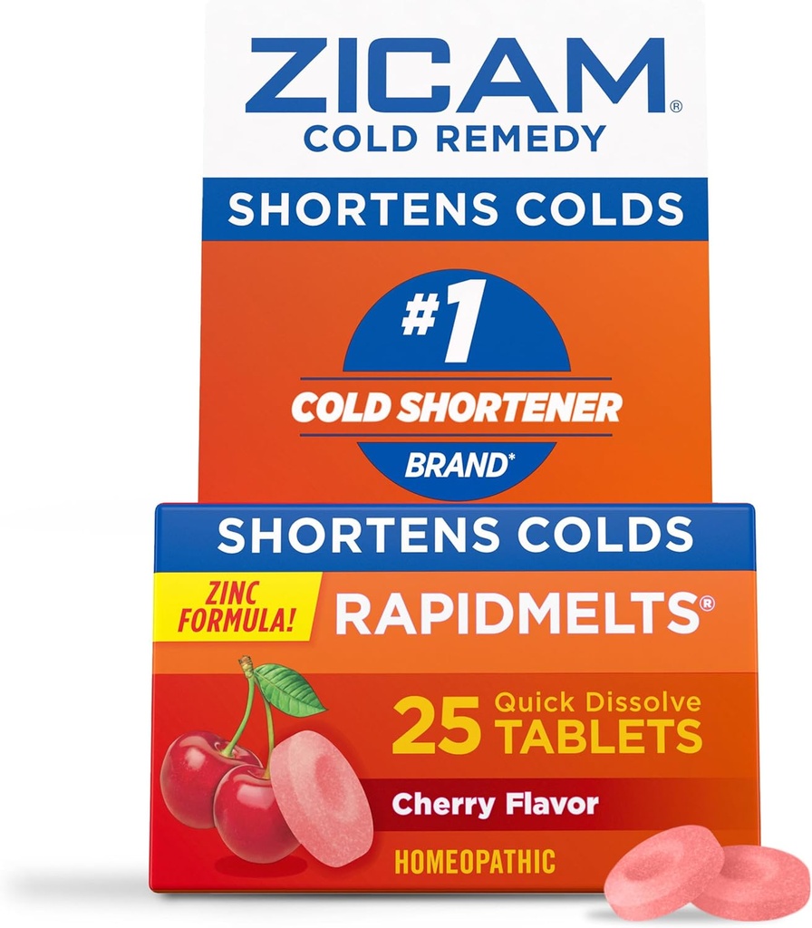 Zicam Cold Remedy Zinc Rapidmelts, Cherry Flavor, Homeopático, Cold Shortening Medicine, Shortens Cold Duración, 25 Cuenta