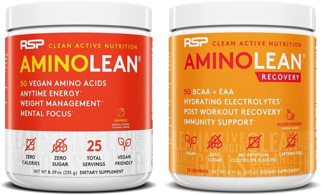 RSP NUTRITION Vegan AminoLean Pre Workout Energy (Mango 25 Servings) con AminoLean Recovery Post Workout Boost (Blood Orange 30 Servimientos)