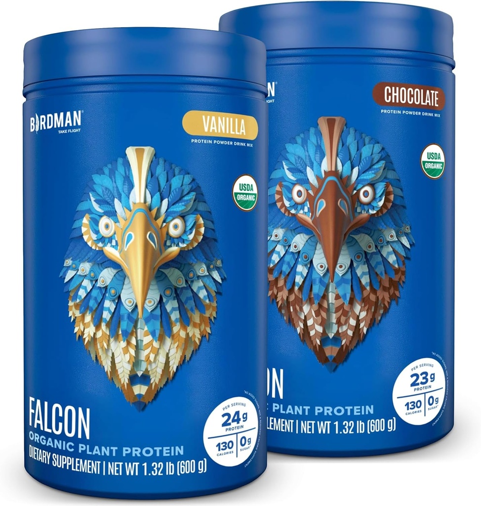 BIRDMAN Falcon Vegan Protein Powder Organic, Stevia & Sugar Free, Plant Based, Low Carb, Dairy Free, Keto, Non Whey, Probiotic, Pea Protein | Combo Pack: Vanilla & Chocolate Flavors - 20 Servings Each