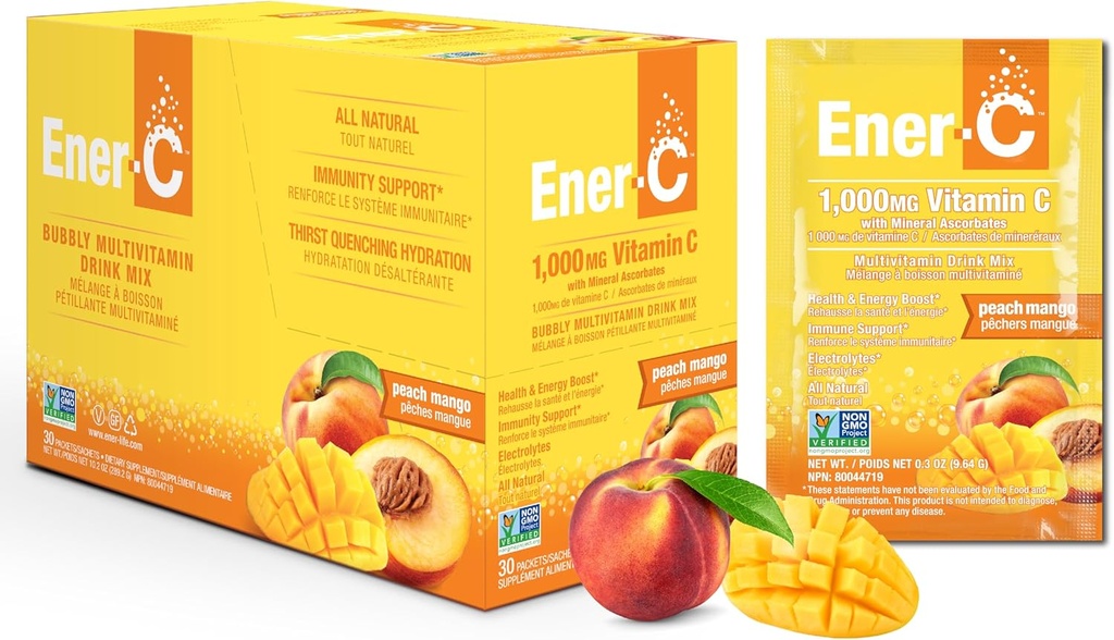 Ener-C Peach Mango Multivitamina Drink Mix Powder Vitamin C 1000mg &amp; Electrolytes with Real Fruit Juice Natural Energy &amp; Immune Support for Women &amp; Men - Non-GMO Vegan & Gluten Free - 30 Count