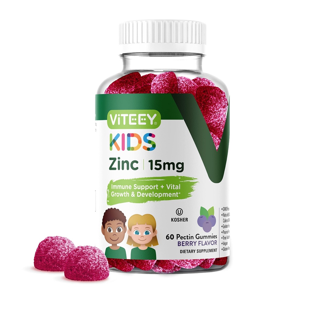 Viteey Zinc for Kids Gummies, 15mg - Immune Support - Powerful Natural Antioxidant, Kids Zinc Vitamin Supplement - Vegan, Gelatin Gratis, Gluten Gratis - Tasty Chewable Berry Flavor Gummy