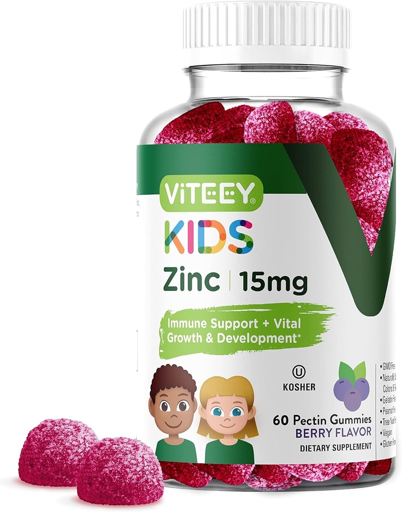 Viteey Zinc for Kids Gummies, 15mg - Immune Support - Powerful Natural Antioxidant, Kids Zinc Vitamin Supplement - Vegan, Gelatin Gratis, Gluten Gratis - Tasty Chewable Berry Flavor Gummy