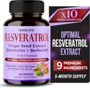 RESVERATROL 9-en-1 Fórmula - con cartulina de leche, Turmérica, Black Pepper No GMO, libre de gluten, libre de soja