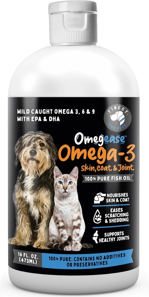 Omegease Fish Oil for Dogs & Cats - Finest for Pets Omega 3 for Cats & Dogs - Suplemento para la piel " Coat, picazón, cama, articulaciones " Immune Health - 100% Pure Omega Fish Oil with EPA " DHA (16 oz)