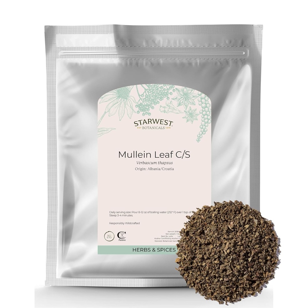 Starwest Botanicals Wildcrafted Mullein Leaf - Dried Loose Leaf Herb for Tea, Cut &amp; Sifted Bag, Natural Source of Antioxidants, Certified Kosher - Bulk 1 lb Bag