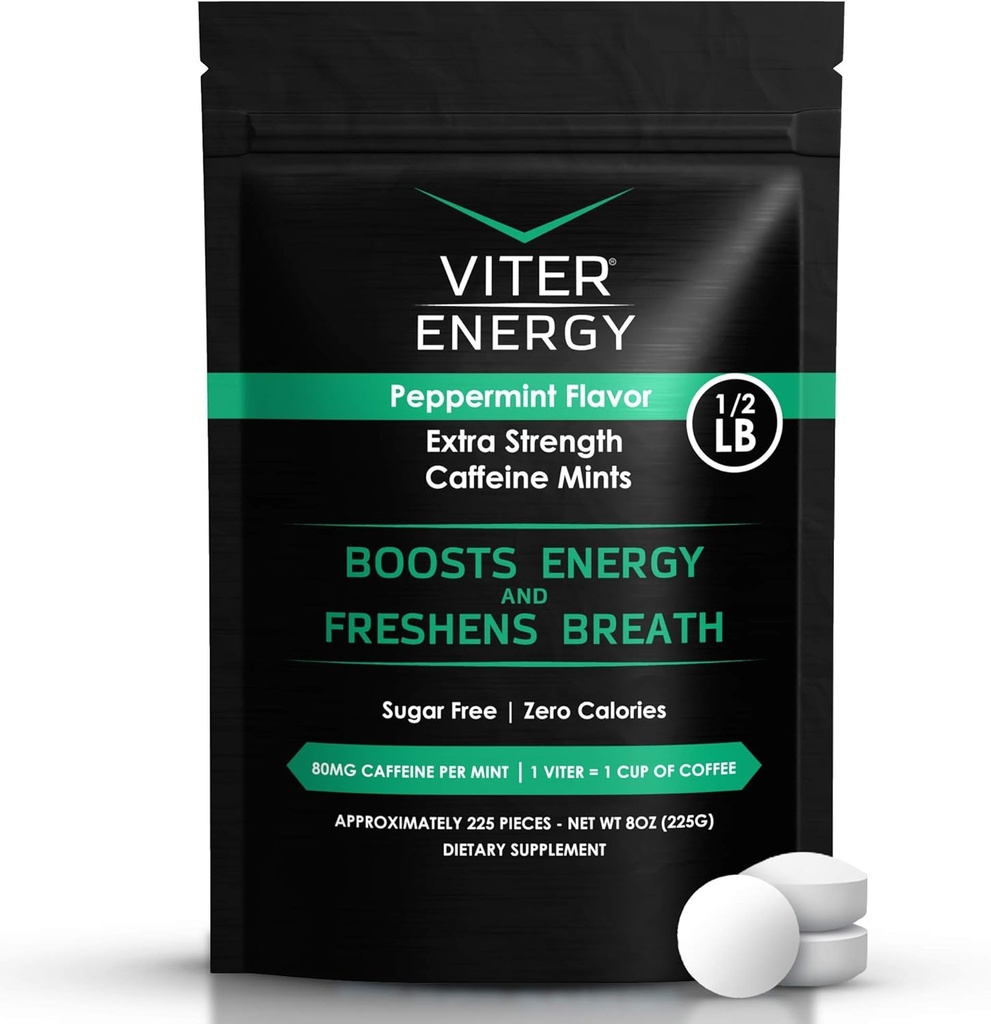 Viter Energy Extra Strength Caffeinated Mints 80mg Caffeine, B Vitaminas, Sugar Gratis. (Peppermint, 8oz, Bulk Bag)