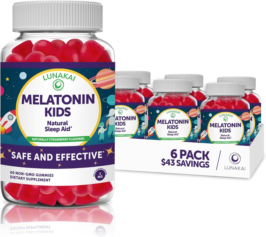 Lunakai Kids Melatonin Gummies 1mg - Fórmula Propietaria más sabrosa - No GMO, Vegan, Gluten Free Chewable Low Dose Suplemento para niños - Natural Sleep Gummy para niños 2 años de edad + - (6 Pack)
